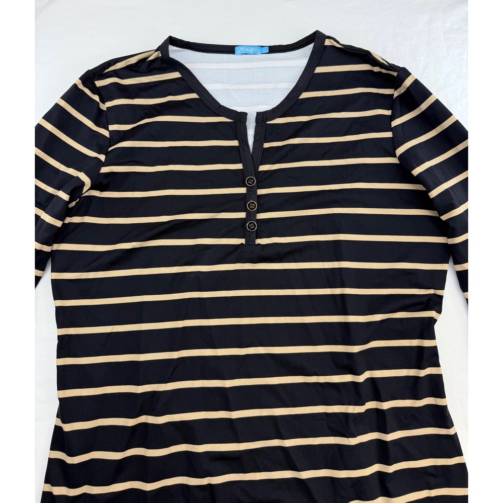 J. McLaughlin Striped Henley Shift Dress Black Tan 3/4 Sleeve Size L Made in USA